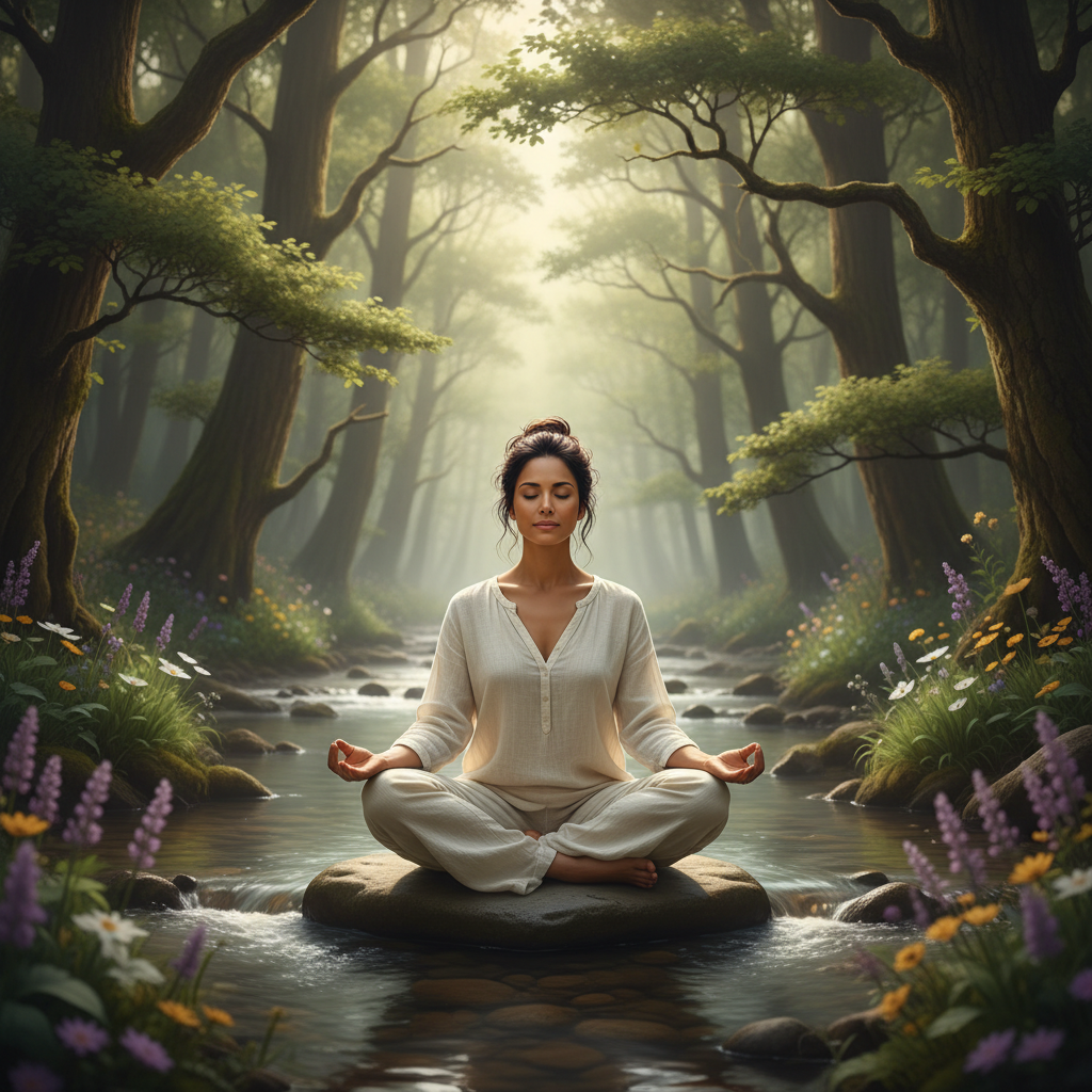 Persona meditando en un entorno natural tranquilo